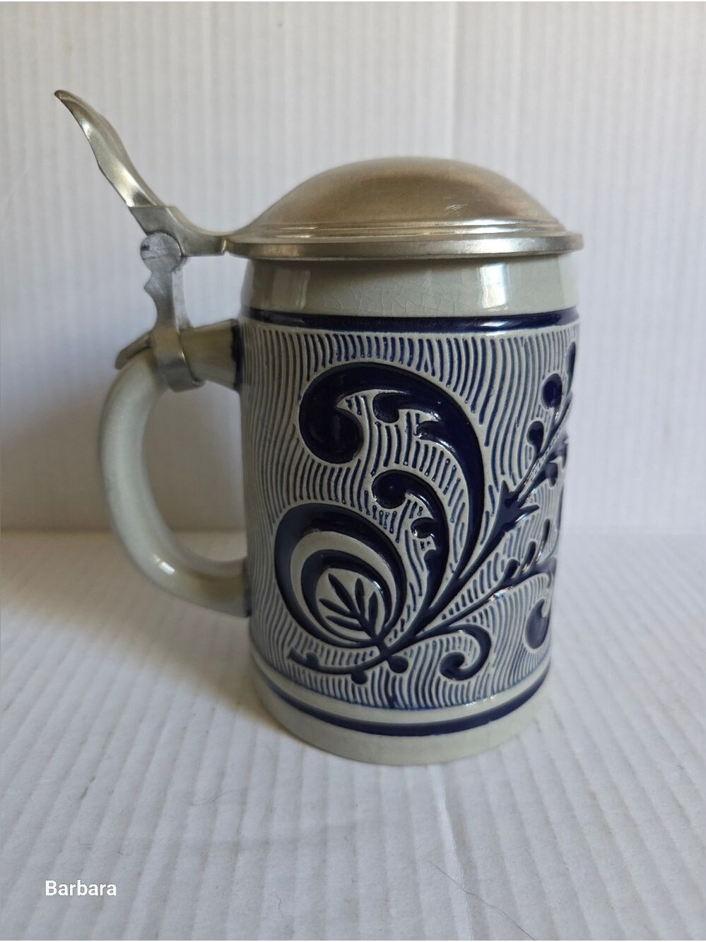 Vintage DBGM German Salt-Glazed Stoneware Stein with Pewter Flip Lid